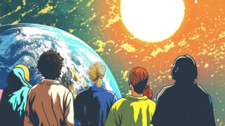 Een groep mensen kijkt van veraf naar de Aarde en de zon.